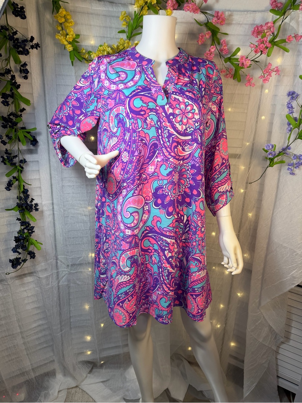 Vibrant Paisley Shift Dress in Purple & Pink